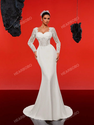 Lace Long Sleeve Satin Vintage Mermaid Wedding Dress With Train, Formal Gown Lace Long Sleeve Satin Vintage Mermaid Wedding Dress With Train, Formal Gown
