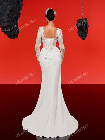 Lace Long Sleeve Satin Vintage Mermaid Wedding Dress With Train, Formal Gown Lace Long Sleeve Satin Vintage Mermaid Wedding Dress With Train, Formal Gown