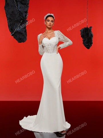 Lace Long Sleeve Satin Vintage Mermaid Wedding Dress With Train, Formal Gown Lace Long Sleeve Satin Vintage Mermaid Wedding Dress With Train, Formal Gown