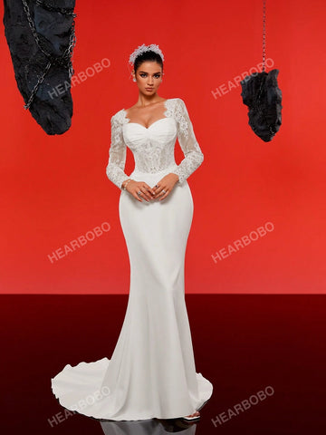 Lace Long Sleeve Satin Vintage Mermaid Wedding Dress With Train, Formal Gown Lace Long Sleeve Satin Vintage Mermaid Wedding Dress With Train, Formal Gown