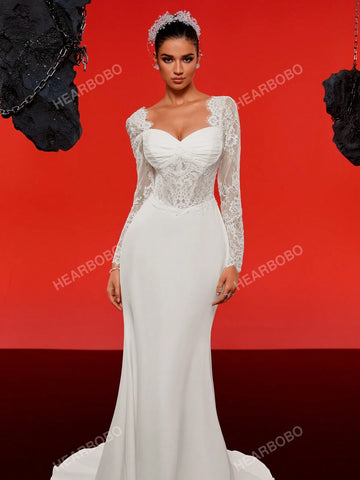 Lace Long Sleeve Satin Vintage Mermaid Wedding Dress With Train, Formal Gown Lace Long Sleeve Satin Vintage Mermaid Wedding Dress With Train, Formal Gown