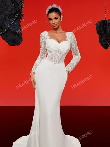 Lace Long Sleeve Satin Vintage Mermaid Wedding Dress With Train, Formal Gown Lace Long Sleeve Satin Vintage Mermaid Wedding Dress With Train, Formal Gown