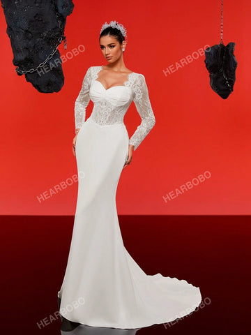 Lace Long Sleeve Satin Vintage Mermaid Wedding Dress With Train, Formal Gown Lace Long Sleeve Satin Vintage Mermaid Wedding Dress With Train, Formal Gown
