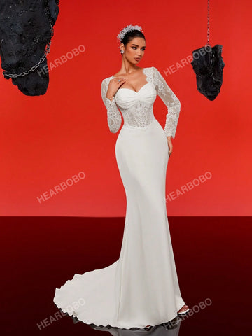 Lace Long Sleeve Satin Vintage Mermaid Wedding Dress With Train, Formal Gown Lace Long Sleeve Satin Vintage Mermaid Wedding Dress With Train, Formal Gown