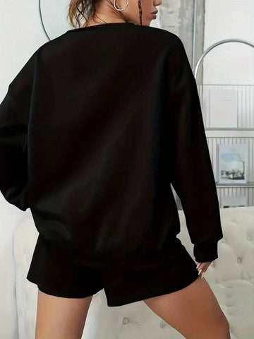 Ladies' Letter Printed Round Neck Sweatshirt And Shorts Set Ladies' Letter Printed Round Neck Sweatshirt And Shorts Set