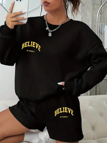 Ladies' Letter Printed Round Neck Sweatshirt And Shorts Set Ladies' Letter Printed Round Neck Sweatshirt And Shorts Set