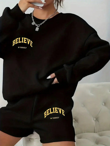 Ladies' Letter Printed Round Neck Sweatshirt And Shorts Set Ladies' Letter Printed Round Neck Sweatshirt And Shorts Set