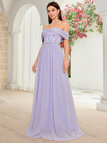 Ladies' Off Shoulder Pleated Sequin And Floral Patchwork Chiffon Bridesmaid Dress With Large Swing Ladies' Off Shoulder Pleated Sequin And Floral Patchwork Chiffon Bridesmaid Dress With Large Swing