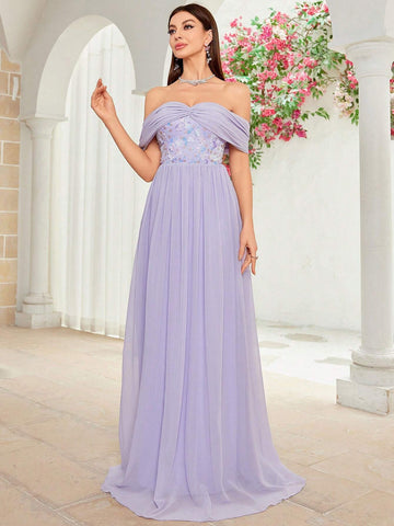 Ladies' Off Shoulder Pleated Sequin And Floral Patchwork Chiffon Bridesmaid Dress With Large Swing Ladies' Off Shoulder Pleated Sequin And Floral Patchwork Chiffon Bridesmaid Dress With Large Swing