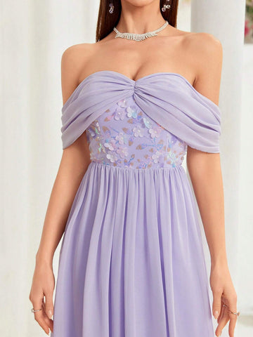 Ladies' Off Shoulder Pleated Sequin And Floral Patchwork Chiffon Bridesmaid Dress With Large Swing Ladies' Off Shoulder Pleated Sequin And Floral Patchwork Chiffon Bridesmaid Dress With Large Swing