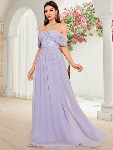 Ladies' Off Shoulder Pleated Sequin And Floral Patchwork Chiffon Bridesmaid Dress With Large Swing Ladies' Off Shoulder Pleated Sequin And Floral Patchwork Chiffon Bridesmaid Dress With Large Swing