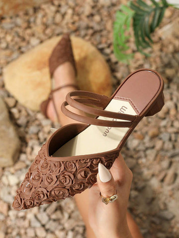 Ladies' Pointed Toe High Heels Rose Shaped Shoes Fashionable Brown Pumps, Spring & Summer Ladies' Pointed Toe High Heels Rose Shaped Shoes Fashionable Brown Pumps, Spring & Summer