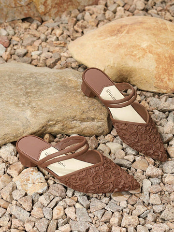 Ladies' Pointed Toe High Heels Rose Shaped Shoes Fashionable Brown Pumps, Spring & Summer Ladies' Pointed Toe High Heels Rose Shaped Shoes Fashionable Brown Pumps, Spring & Summer