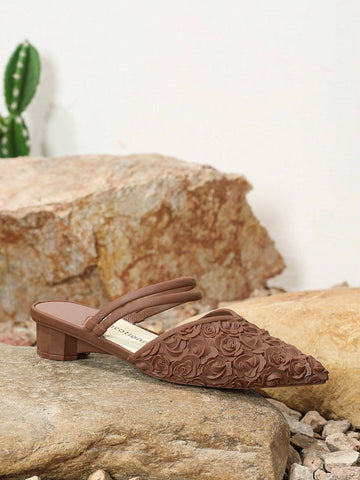 Ladies' Pointed Toe High Heels Rose Shaped Shoes Fashionable Brown Pumps, Spring & Summer Ladies' Pointed Toe High Heels Rose Shaped Shoes Fashionable Brown Pumps, Spring & Summer