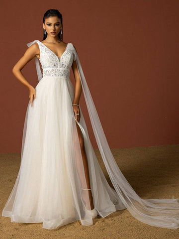 Ladies' Solid Color Simple Daily Lace Decorated Tulle Wedding Dress Ladies' Solid Color Simple Daily Lace Decorated Tulle Wedding Dress