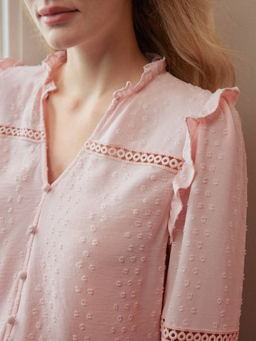 Ladies' Woven Solid Color V-Neck Frill Trim Long Sleeve Elegant Blouse, Spring & Summer Ladies' Woven Solid Color V-Neck Frill Trim Long Sleeve Elegant Blouse, Spring & Summer