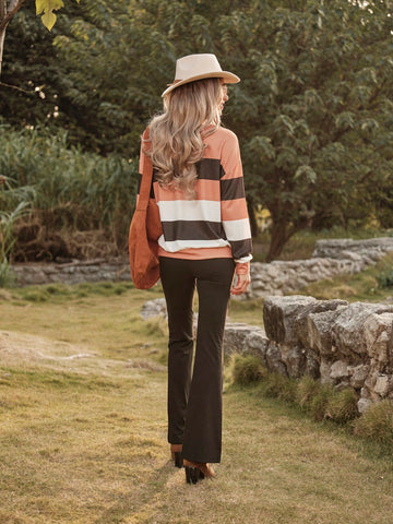 LanaWest 2pcs/Set Casual Holiday Contrast Color Striped Top And Solid Color Flare Pants LanaWest 2pcs/Set Casual Holiday Contrast Color Striped Top And Solid Color Flare Pants