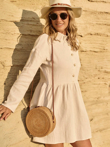 LanaWest Loose Fit Cotton Textured Double Layer Shirt Dress, Casual Wear For Spring/Summer LanaWest Loose Fit Cotton Textured Double Layer Shirt Dress, Casual Wear For Spring/Summer