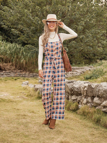 LanaWest Women's Plaid Button Design Casual Jumpsuit With Suspenders LanaWest Women's Plaid Button Design Casual Jumpsuit With Suspenders