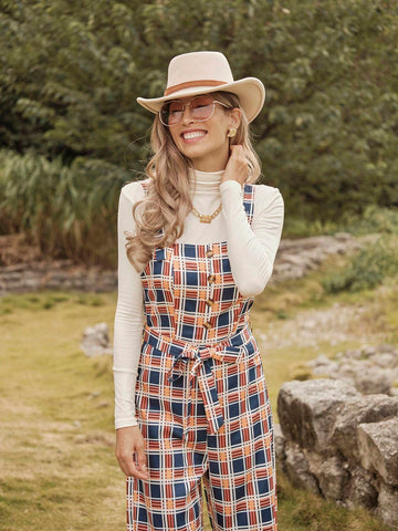 LanaWest Women's Plaid Button Design Casual Jumpsuit With Suspenders LanaWest Women's Plaid Button Design Casual Jumpsuit With Suspenders