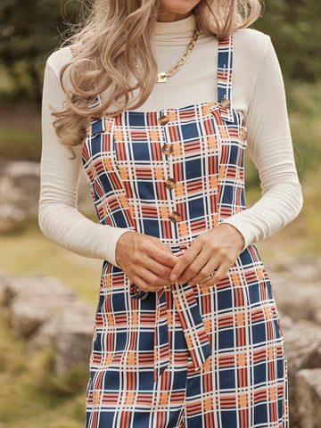 LanaWest Women's Plaid Button Design Casual Jumpsuit With Suspenders LanaWest Women's Plaid Button Design Casual Jumpsuit With Suspenders