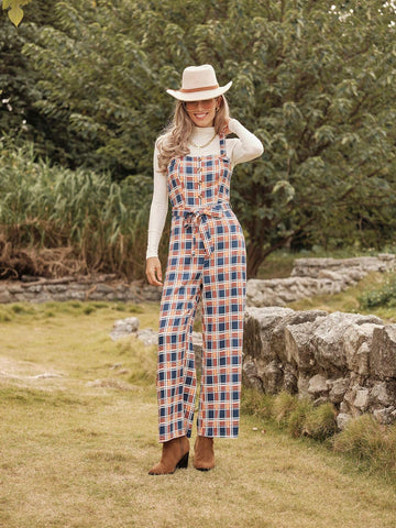LanaWest Women's Plaid Button Design Casual Jumpsuit With Suspenders LanaWest Women's Plaid Button Design Casual Jumpsuit With Suspenders
