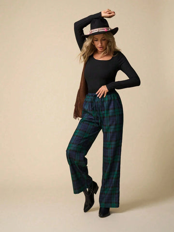 LanaWest Women's Plaid Waist Tie Pocket Straight Leg Loose Casual Pants LanaWest Women's Plaid Waist Tie Pocket Straight Leg Loose Casual Pants