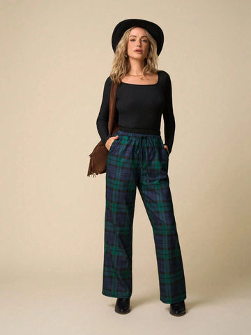 LanaWest Women's Plaid Waist Tie Pocket Straight Leg Loose Casual Pants LanaWest Women's Plaid Waist Tie Pocket Straight Leg Loose Casual Pants