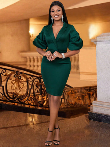 Lapel Neck Puff Sleeve Bodycon Dress Lapel Neck Puff Sleeve Bodycon Dress