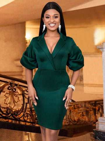 Lapel Neck Puff Sleeve Bodycon Dress Lapel Neck Puff Sleeve Bodycon Dress