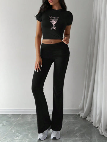Letter & Wine Glass Printed Women's Round Neck Short Sleeve Simple Top And Pants Casual Set Summer Letter & Wine Glass Printed Women's Round Neck Short Sleeve Simple Top And Pants Casual Set Summer