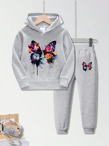 Little Girls' 2pcs Creative Butterfly Printed Sweatshirt And Pants Set Little Girls' 2pcs Creative Butterfly Printed Sweatshirt And Pants Set