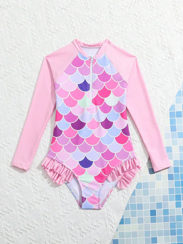 Little Girls 4-8Y Lovely Mermaid Print One-Piece Swimsuit, Red Little Girls 4-8Y Lovely Mermaid Print One-Piece Swimsuit, Red