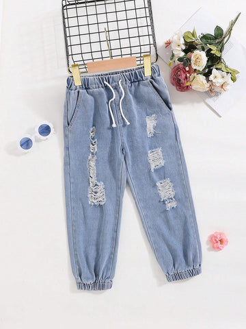 Little Girls" Light-Colored Casual Loose Distressed Tapered Jeans Little Girls" Light-Colored Casual Loose Distressed Tapered Jeans