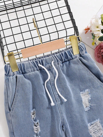 Little Girls" Light-Colored Casual Loose Distressed Tapered Jeans Little Girls" Light-Colored Casual Loose Distressed Tapered Jeans
