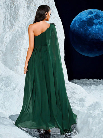 Long Chiffon Dress With One-Shoulder, Sequin Sleeve, Floral Embroidery, Waist Tucks, High Slit, And Elegant Design To Elongate Legs, Wedding Event Dress Long Chiffon Dress With One-Shoulder, Sequin Sleeve, Floral Embroidery, Waist Tucks, High Slit, And Elegant Design To Elongate Legs, Wedding Event Dress