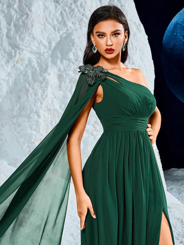 Long Chiffon Dress With One-Shoulder, Sequin Sleeve, Floral Embroidery, Waist Tucks, High Slit, And Elegant Design To Elongate Legs, Wedding Event Dress Long Chiffon Dress With One-Shoulder, Sequin Sleeve, Floral Embroidery, Waist Tucks, High Slit, And Elegant Design To Elongate Legs, Wedding Event Dress