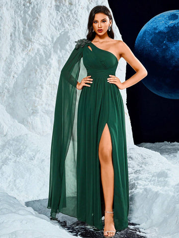 Long Chiffon Dress With One-Shoulder, Sequin Sleeve, Floral Embroidery, Waist Tucks, High Slit, And Elegant Design To Elongate Legs, Wedding Event Dress Long Chiffon Dress With One-Shoulder, Sequin Sleeve, Floral Embroidery, Waist Tucks, High Slit, And Elegant Design To Elongate Legs, Wedding Event Dress