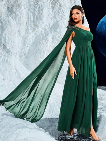 Long Chiffon Dress With One-Shoulder, Sequin Sleeve, Floral Embroidery, Waist Tucks, High Slit, And Elegant Design To Elongate Legs, Wedding Event Dress Long Chiffon Dress With One-Shoulder, Sequin Sleeve, Floral Embroidery, Waist Tucks, High Slit, And Elegant Design To Elongate Legs, Wedding Event Dress