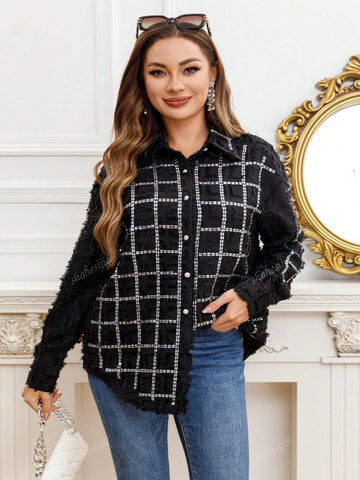 Long Sleeve Jacquard Rhinestone Embellished Loose Shirt, Casual Everyday Wear Long Sleeve Jacquard Rhinestone Embellished Loose Shirt, Casual Everyday Wear