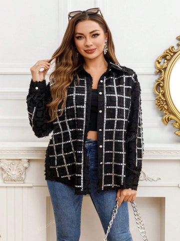 Long Sleeve Jacquard Rhinestone Embellished Loose Shirt, Casual Everyday Wear Long Sleeve Jacquard Rhinestone Embellished Loose Shirt, Casual Everyday Wear