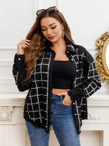 Long Sleeve Jacquard Rhinestone Embellished Loose Shirt, Casual Everyday Wear Long Sleeve Jacquard Rhinestone Embellished Loose Shirt, Casual Everyday Wear