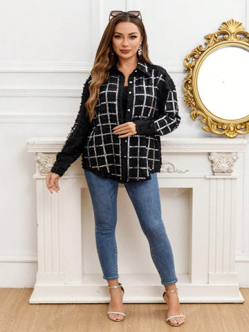 Long Sleeve Jacquard Rhinestone Embellished Loose Shirt, Casual Everyday Wear Long Sleeve Jacquard Rhinestone Embellished Loose Shirt, Casual Everyday Wear