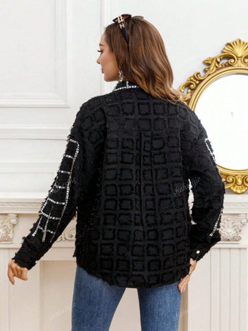 Long Sleeve Jacquard Rhinestone Embellished Loose Shirt, Casual Everyday Wear Long Sleeve Jacquard Rhinestone Embellished Loose Shirt, Casual Everyday Wear