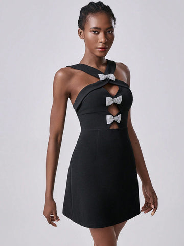 Lumivelle Knitted Texture Front Cutout Bow Accent Women Party Dress, Black Dress, Bow Dress Lumivelle Knitted Texture Front Cutout Bow Accent Women Party Dress, Black Dress, Bow Dress