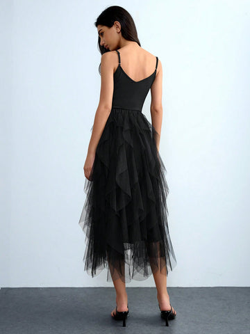 Lumivelle Sheer Mesh Splice Solid Color Fitted Sleeveless Slip Dress, Deep V-Neck Oversized A-Line Ruffle Hem Elegant Luxurious Sexy Y2K Party Dress, Suitable For Wedding, Party, Date, Summer Lumivelle Sheer Mesh Splice Solid Color Fitted Sleeveless Slip Dress, Deep V-Neck Oversized A-Line Ruffle Hem Elegant Luxurious Sexy Y2K Party Dress, Suitable For Wedding, Party, Date, Summer