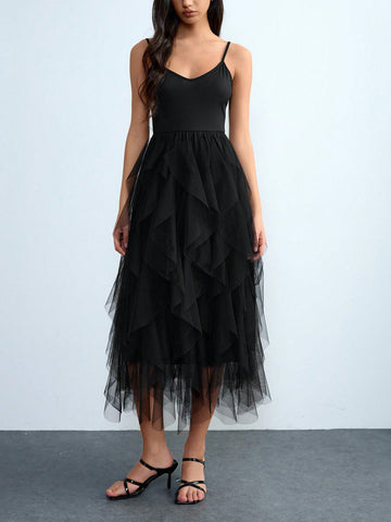 Lumivelle Sheer Mesh Splice Solid Color Fitted Sleeveless Slip Dress, Deep V-Neck Oversized A-Line Ruffle Hem Elegant Luxurious Sexy Y2K Party Dress, Suitable For Wedding, Party, Date, Summer Lumivelle Sheer Mesh Splice Solid Color Fitted Sleeveless Slip Dress, Deep V-Neck Oversized A-Line Ruffle Hem Elegant Luxurious Sexy Y2K Party Dress, Suitable For Wedding, Party, Date, Summer