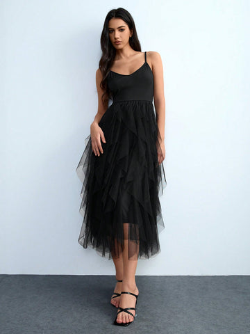 Lumivelle Sheer Mesh Splice Solid Color Fitted Sleeveless Slip Dress, Deep V-Neck Oversized A-Line Ruffle Hem Elegant Luxurious Sexy Y2K Party Dress, Suitable For Wedding, Party, Date, Summer Lumivelle Sheer Mesh Splice Solid Color Fitted Sleeveless Slip Dress, Deep V-Neck Oversized A-Line Ruffle Hem Elegant Luxurious Sexy Y2K Party Dress, Suitable For Wedding, Party, Date, Summer