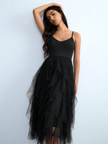 Lumivelle Sheer Mesh Splice Solid Color Fitted Sleeveless Slip Dress, Deep V-Neck Oversized A-Line Ruffle Hem Elegant Luxurious Sexy Y2K Party Dress, Suitable For Wedding, Party, Date, Summer Lumivelle Sheer Mesh Splice Solid Color Fitted Sleeveless Slip Dress, Deep V-Neck Oversized A-Line Ruffle Hem Elegant Luxurious Sexy Y2K Party Dress, Suitable For Wedding, Party, Date, Summer