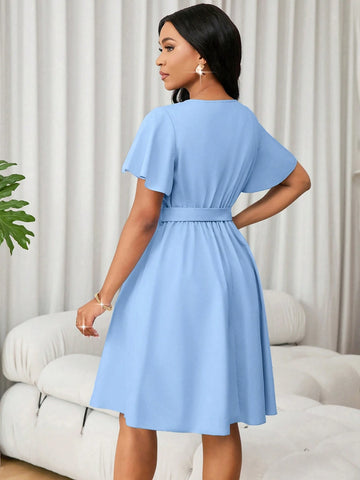 Lunessa Women's Elegant Minimalist Solid Color Ruffle Sleeve A-Line Dress, Summer Lunessa Women's Elegant Minimalist Solid Color Ruffle Sleeve A-Line Dress, Summer